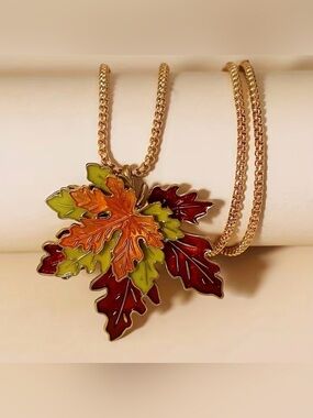 Autumn Enamel Leaf Pendant Necklace - Gold Tone
